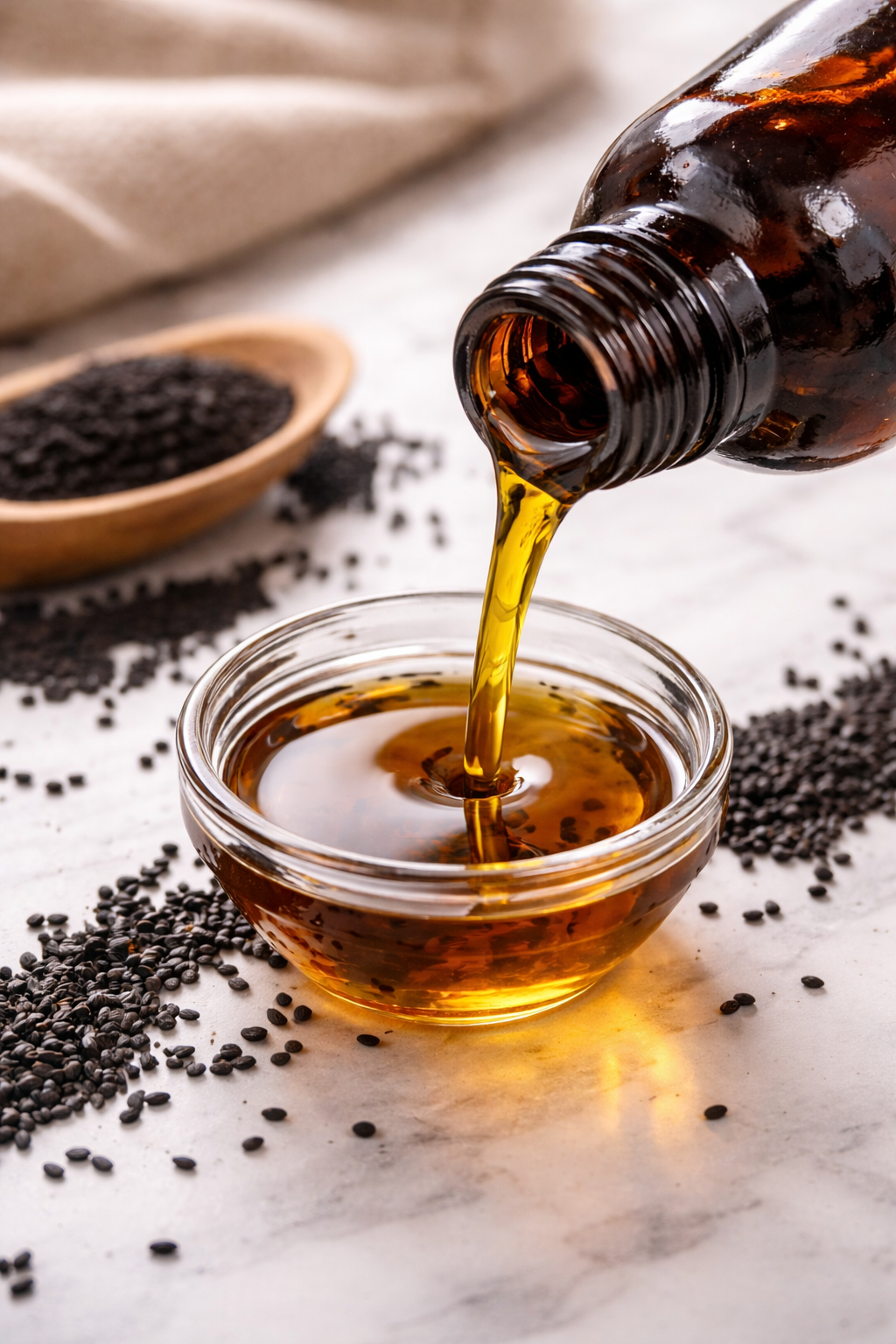 Huile de nigelle pure versée